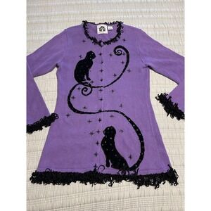 VTG Rare Storybook Knits Purple Midnight Kitty Halloween Cardigan Sweater Med